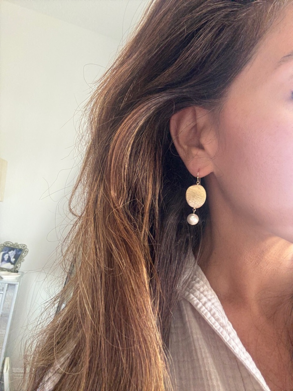 Gold Disc and Pearl Drop Earrings - Women Jewelry - Picture 11 of 12